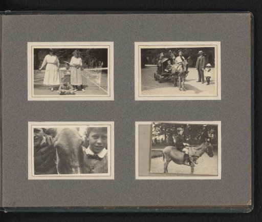 The Van den Berg family on a tennis court and during a ride with a donkey