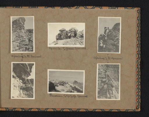Six photos of a group of mountaineers during the descent of the Kleine Spannort and on the summit of the Gross Spannort