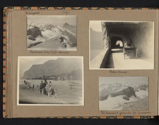 Four photographs of the view of the Gross Spannort, Axenstrasse, and the Van den Berg family on the edge of Lake Lucerne