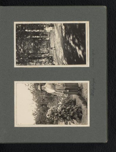 Two photographs of Caroline van den Berg in the garden of Welgelegen House and family members playing croquet in the woods