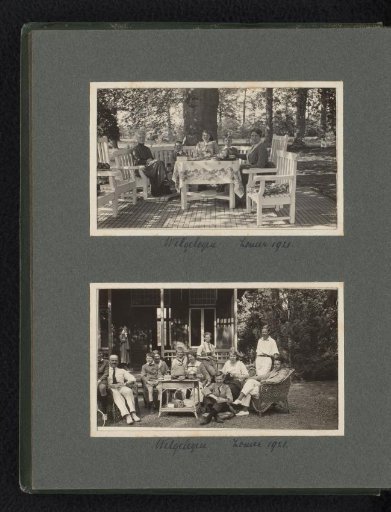 Two photographs of members of the Van den Berg family on a terrace at Welgelegen House