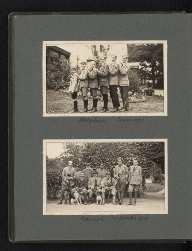 Two photographs of a group of boys and a hunting party