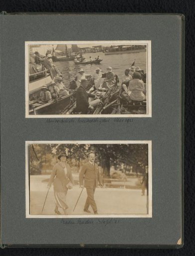 Two photographs of a picnic crowd at a rowing race and a portrait of Henk and Caroline van den Berg walking in the park of Hotel Stephanie in Baden-Baden