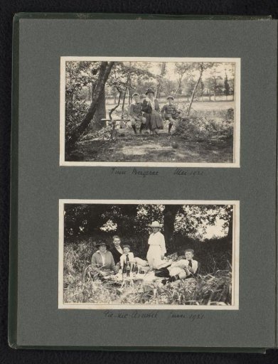 Two photographs of Frank, Cay and Caroline van den Berg and two others during a picnic on the Amstel