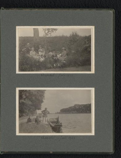 Two photographs of Caroline, Cay, Frank and other family members during a boat trip on the Amstel
