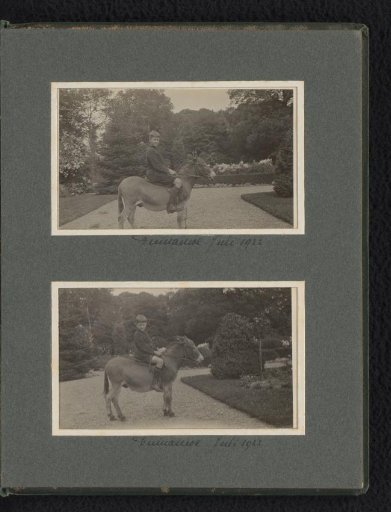 Two photographs of Frank van den Berg on a donkey at country house Duinauwe in Wassenaar