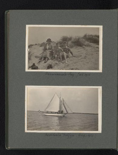 Two photos of Caroline, Frank and Cay on the beach at the Battle of Wassenaar and the sailing boat Dolfijn