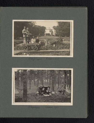 Two photographs of members of the Van den Berg family on a cart drawn by a donkey, with Cay and Frank lying in front of a tent
