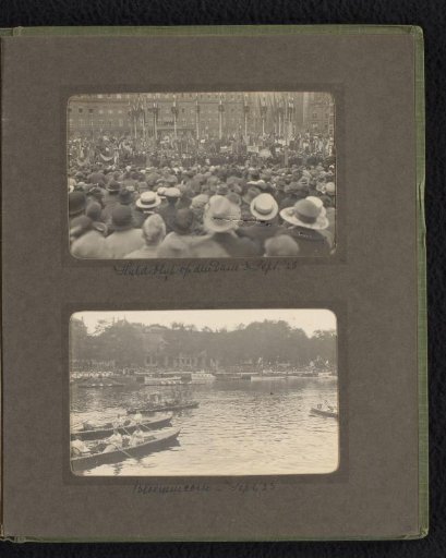 Two photographs of festivities on the occasion of Queen Wilhelmina's reign jubilee in Amsterdam and rowers during the flower parade