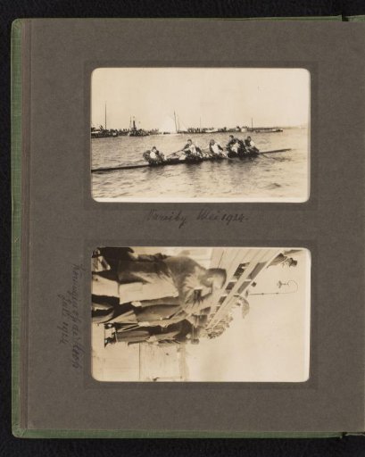 Two photographs of the winning rowing boat of Nereus at the Varsity and Queen Wilhelmina in Amsterdam