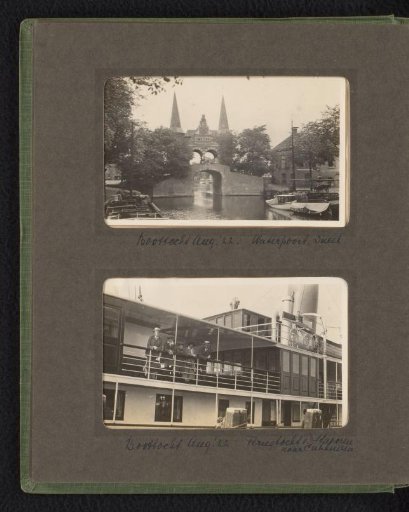 Two photographs of the Water Gate in Sneek and people on board a ship from Stavoren to Enkhuizen, August 1922