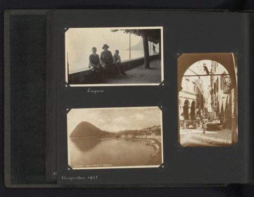 Three photographs, two of which are postcards, of Lugano and the Van den Berg family there