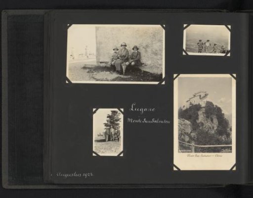 Three photographs of the Van den Berg family on Monte San Salvatore and a photomechanical postcard of it