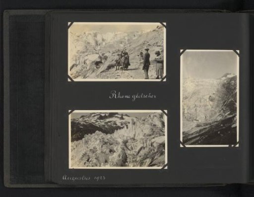 Three photographs of the Van den Berg family on the Rhône Glacier