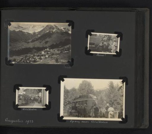Four photographs, including one postcard, of Adelboden and a bus trip there