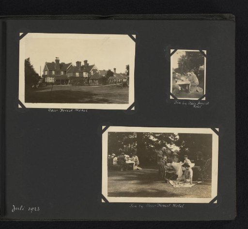Three photographs of the New Forest Hotel and tea in the garden there