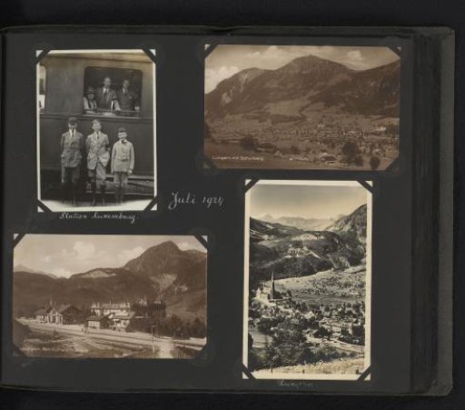 Four photographs, including two postcards, of people at a train station and faces at Lungern