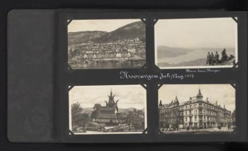 Four photographs, three of which are postcards, of Bergen