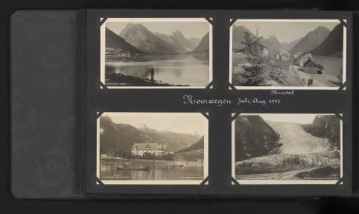 Four photographs, of which three are postcards, of the surroundings of Fjærland