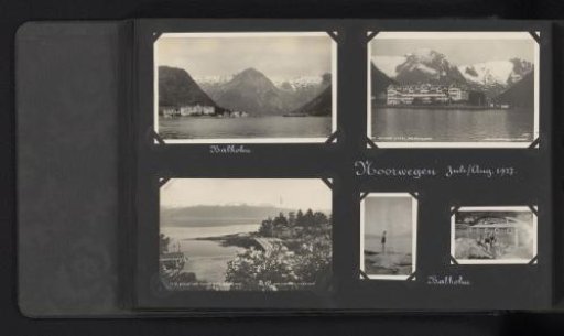 Five photographs, including two postcards, of the area around Balholmen near Balestrand