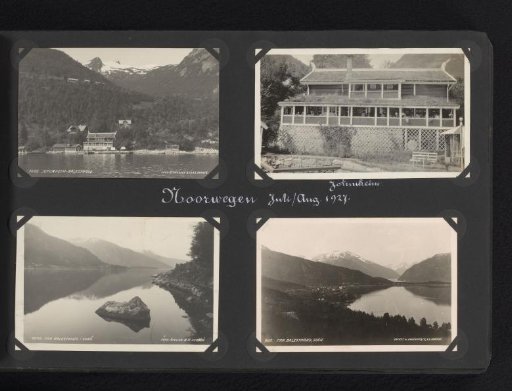 Four photographs, three of which are postcards, of the Balestrand area