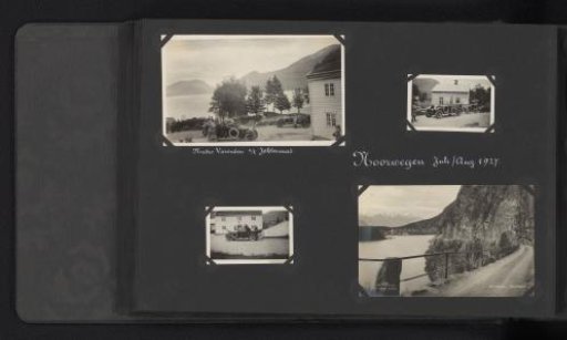 Four photographs, including one postcard, of a car trip at Jølstravatnet and Breimsvatnet