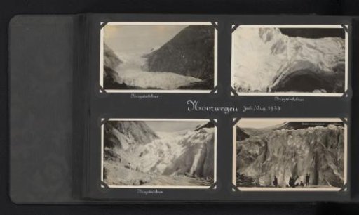 Four photographs, including one postcard, of the glacier at Brigsdal