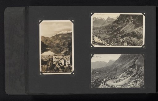 Three postcards, two photographs and one photomechanical print, of the landscape around Geiranger