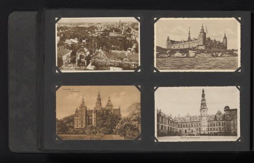 Four postcards, one photograph and three photomechanical prints, of Tivoli, Rosenborg Castle and Kronborg Castle, Copenhagen