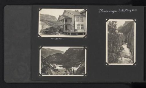 Three photographs, two of which are postcards, of a hotel in Nesflaten and the landscape at Brattlandsdalen