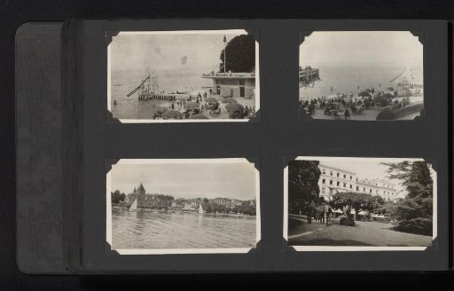 Four photographs of the beach and Hotel Beau Rivage in Geneva
