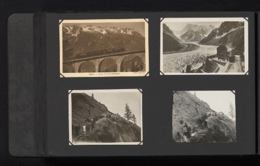 Three photographs and a photomechanical postcard of tourists in the Alps near Chamonix