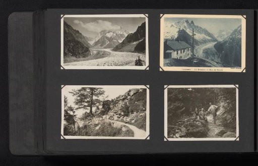 Three photographs and one photomechanical postcard of the Mer de Glace and the Van den Berg family near Chamonix