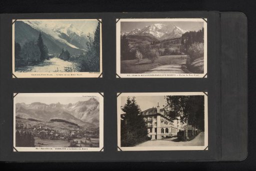 Three photomechanical postcards and a photograph of Chamonix and surroundings