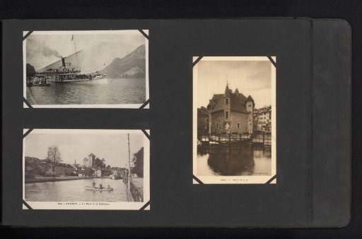 Two photomechanical postcards and a photo of Annecy
