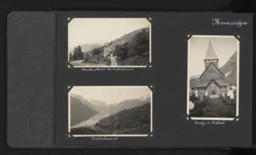 Three photographs of the surroundings of and a church in Røldal