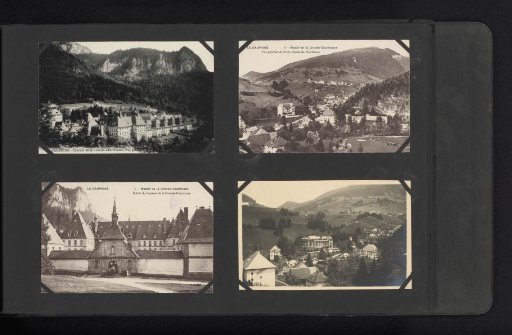 Three photomechanical postcards and a photograph of the Grande Chartreuse monastery and the Massif de la Chartreuse