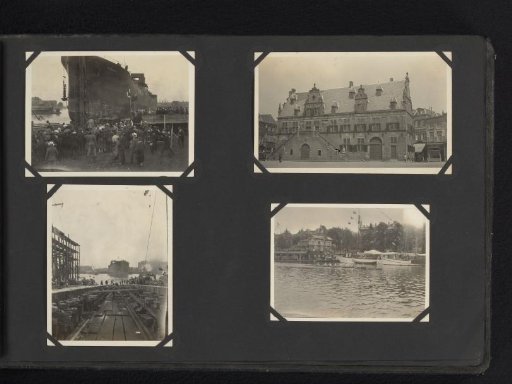 Four Photographs of the Launch of the Oil Tanker Phobos, a Town Hall, and a Rowing Race