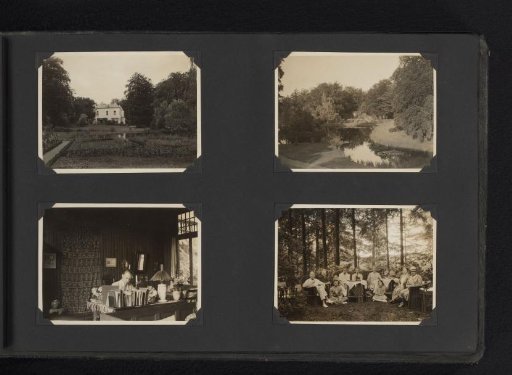 Four Photographs of a House in a Wood, a Studying Young Man, and a Family in a Garden