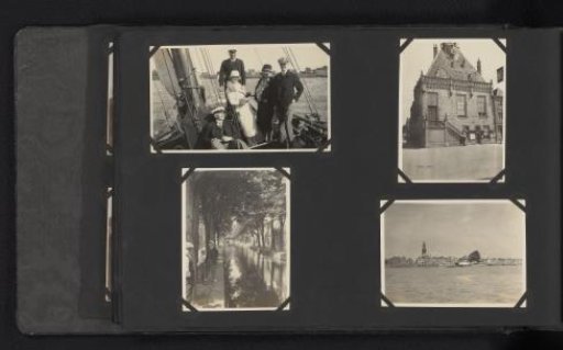 Four photographs of a group on a sailing ship, the town hall of Schoonhoven, and two photographs from the surroundings of Schoonhoven