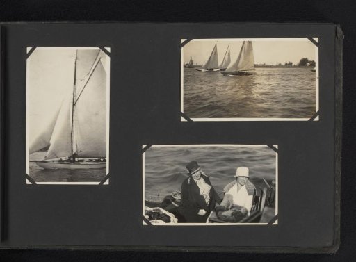Three photographs of sailing ships and Caroline Louise van den Berg with another woman on board a sailing ship