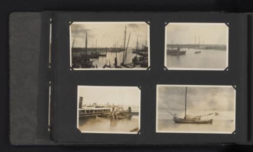 Four photographs of sailing ships in a harbor