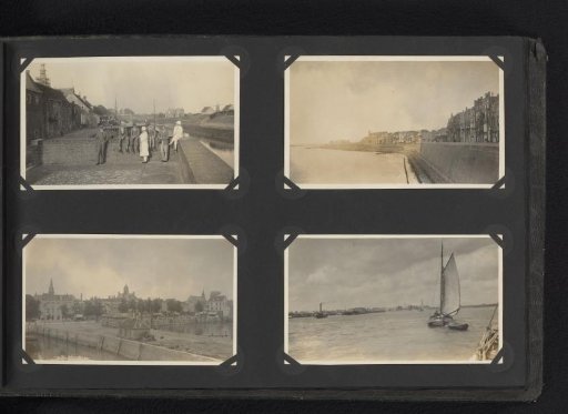 Four photographs of a group, cities in the Netherlands and a sailing boat