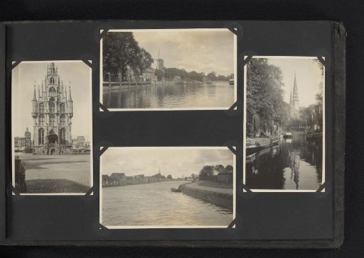 Four photographs of the town hall of Gouda and rivers in the Netherlands