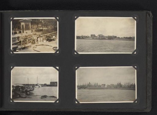 Four photographs of a group on the sailing boat De Snits and rivers in the Netherlands