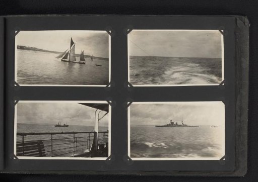 Four photographs of ships, seen from the deck of the passenger ship Tambora