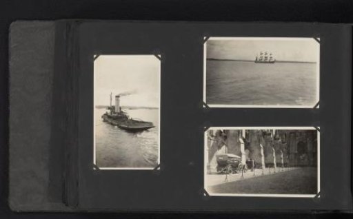 Three photographs of a tugboat, a sailing ship and a church