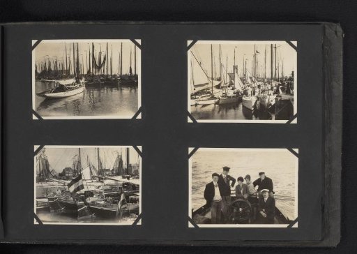 Four views of a harbor and a group on a boat