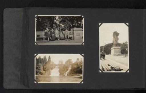 Three photographs of a group on a bench and the reservoir at La Gileppe