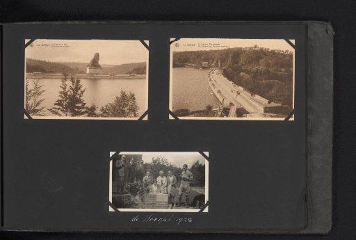 Two photomechanical postcards of the dam at La Gileppe and a group portrait at the country house De Hooght, Maarn